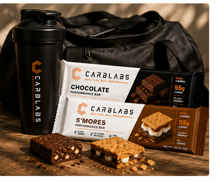 CarbLabs performance bars with gym bag and shaker